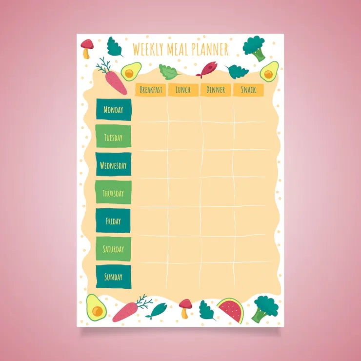 Abstract visualization of a floating weekly meal planning flow with organized day blocks