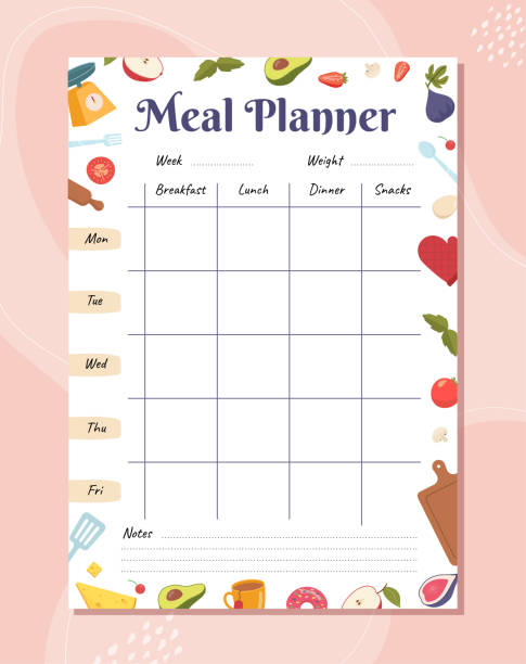 Illustration of seven interactive day columns with meal blocks arranged in a weekly menu builder layout