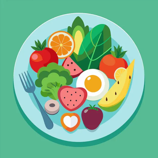 Illustration of a sample plate with greens, grains, and protein components arranged together